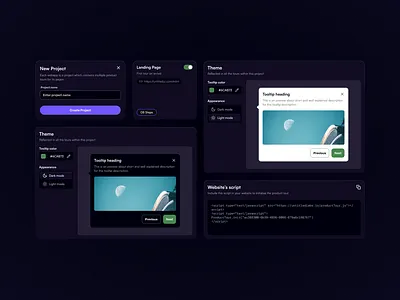 UI elements for a saas tool. code dark mode elements gride view guide onboarding saas tool tooltip ui ux