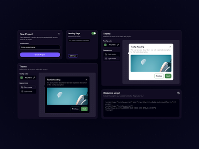 UI elements for a saas tool. code dark mode elements gride view guide onboarding saas tool tooltip ui ux