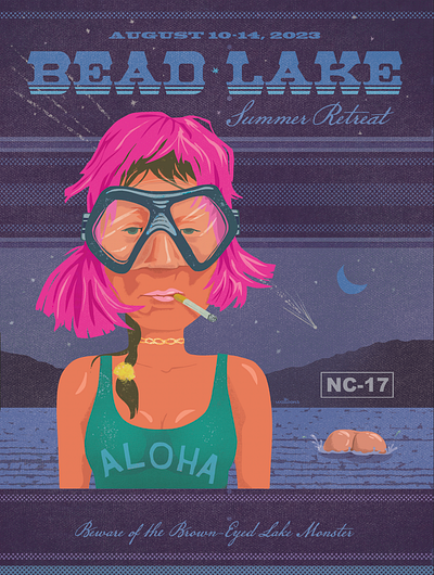 Summer Retreat Poster b. cartoon illustration cover art illustration lake life pink wig poster design poster graphics poster illustration poster illustration and design summer nights