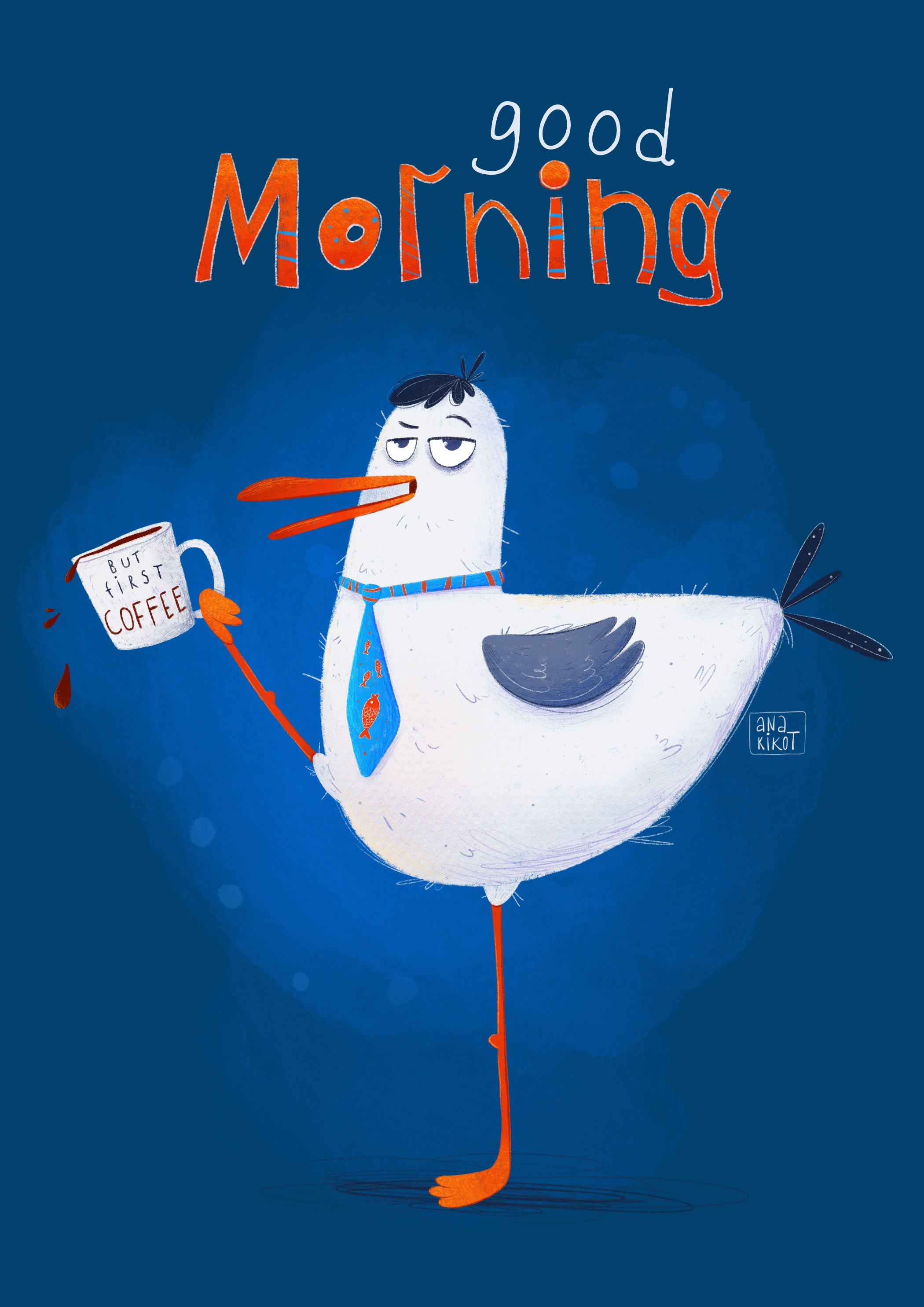 But first Coffee artwork bird branding card cartoon character coffee concept cute digital art drawing fun hand drawn illustration kids mascot poster print seagull whimsical