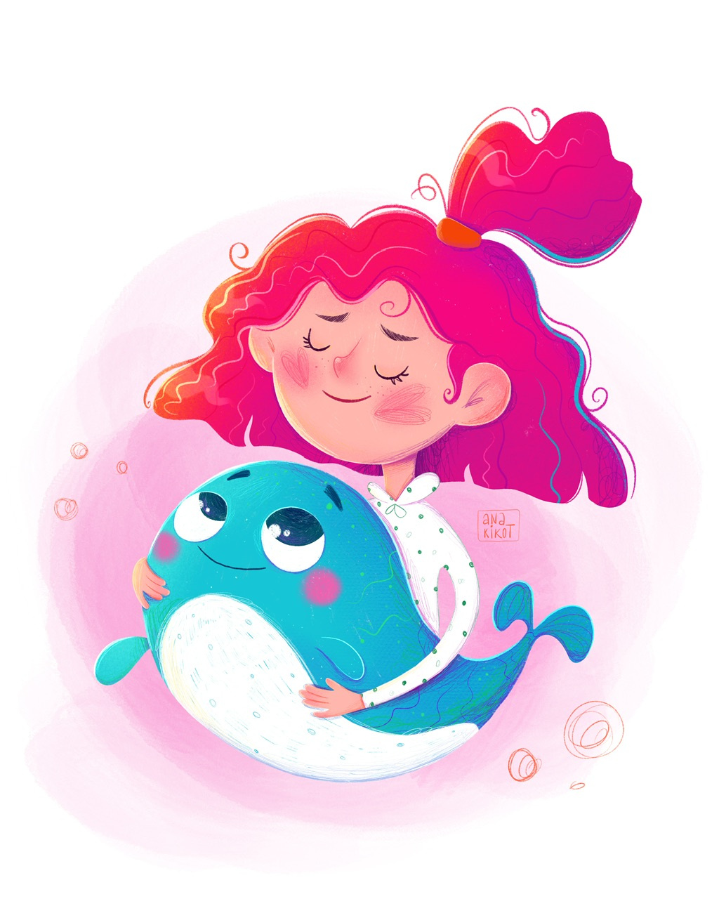 Lola and the Whale art cartoon character children children illustrator childrens book illustrator colorful drawing fantasy girl illustration kids kids illustrations love picture book pink portrait print texture whale