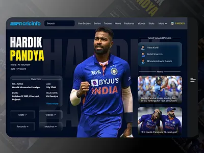 Player Profile Page of Cricket Website 3d design figma glassmorphism graphic design graphics landing page landing page design ui ui ux