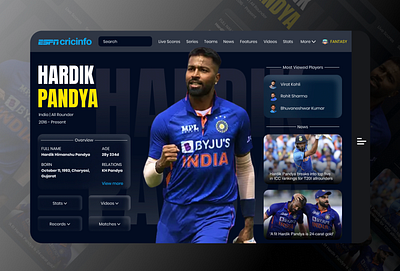 Player Profile Page of Cricket Website 3d design figma glassmorphism graphic design graphics landing page landing page design ui ui ux