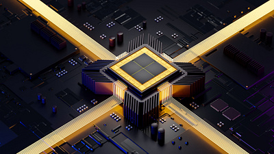 3d illustration of futuristic micro chip. 3d banner cinema 4d electronics illustration microship technology