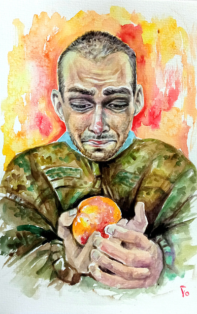 War in ukraine, soldier and apple, ukrainian art art hand painted paint painting soldier and apple ukrainian art