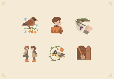Old style icons bird boy character design door fish game girl icons illustration old retro