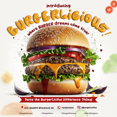 Burgerlicious! ad campaign adobe illustrator adobe photoshop branding design flyer design food graphic design illustra illustration poster design social media social media ad typography vector