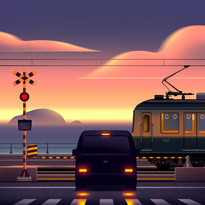 Tramway animation anime car illustration japan mood motion ocean tokyo train trainstation tram tramway