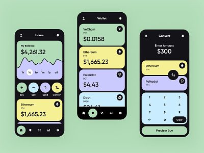 Crypto Exchange App app big components blockchain convert crypto crypto exchange ether futuristic invest large buttons large cards large type light colors mobile product design rounded corners ui ui design ux wallet