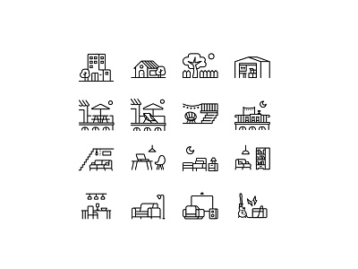 House for rent icon set backyard icon basement bedroom brand identity coach desktop icon garage icon home office home theatre house icon living room icon patio rental rooftop services icons set storage icon terrace ui illustration