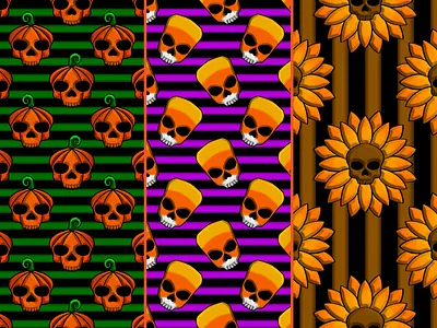 3 Skull Autumn/Halloween Patterns | Beveled | Stripe Backgrounds 3d effect 3d skulls affinity photo autumn pattern autumn season beveled candy corn halloween pattern horizontal stripes october pattern procreate pumpkins pattern seamless pattern skull pattern skulls stripes background stripes pattern sunflower pattern sunflowers vertical stripes