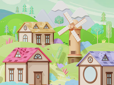 Beautiful Day 3d 3d art art art direction b3d blender blender3d branding buildings color colors design hiking house houses illustration nature textures ui windmill