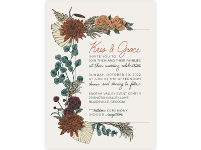 Botanical Fall Wedding Invitation blue botanical burgundy cremon elegant eucalyptus fall autumn floral formal green hand lettered invitation invite palm leaf paper plum rust sand wedding wheat