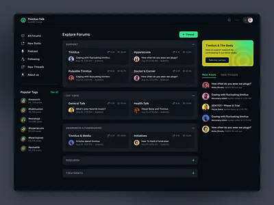 Tinnitus Hub-Web Portal black clean creative dark mode dark ui dashboard design forums green podcast threads ui uiux ux web web app web portal