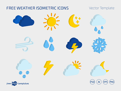 Free Weather Isometric Icons (PSD, AI, EPS, PNG) ai clouds design eps free freebie icon icons illustration isometric photoshop png psd rain sun template templates vector weather
