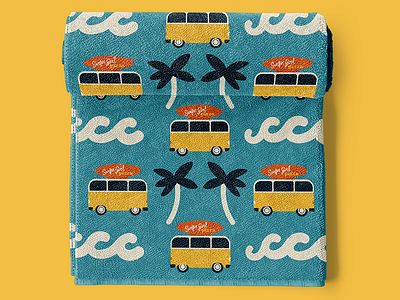 Pattern Challenge 2022 · Surfer Girl Pizza beach beach towel digital art fabric design illustration illustrator komby pattern pattern design photoshop pizza retro stranger things summer surf surface design surfer girl towel vintage vw