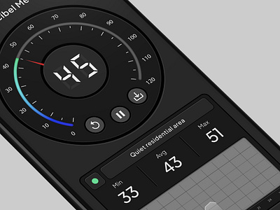 Decibel Meter App android app design dark decibel decibel meter design gauge measurement mobile mobiledesign noise noise meter samsungs21 skeuomorphic skeuomorphism sound sound meter ui uiux design ux