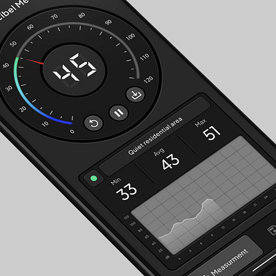 Decibel Meter App android app design dark decibel decibel meter design gauge measurement mobile mobiledesign noise noise meter samsungs21 skeuomorphic skeuomorphism sound sound meter ui uiux design ux