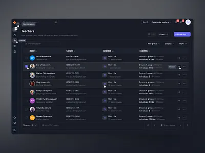 Kindergarten CMS app cms crm dark dashboard kids list profile schedule teachers ui ux