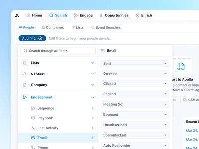 Experimental filters apollo crm dropdown dropdown filter filter filter by filters horizontal filters hubspot lusha outreach sales sales tool salesforce salesloft search search filter sort by tree map filter zoominfo