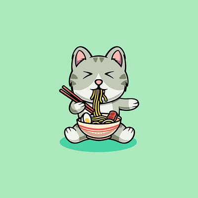 Cute Cat Eating Soba Illustration branding japanese noodles ramen soba