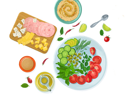 Illustrations for cookbook 2d flat flatdesign food food spices food illustration food table hummus illustration illustrator photoshop procreate veggies