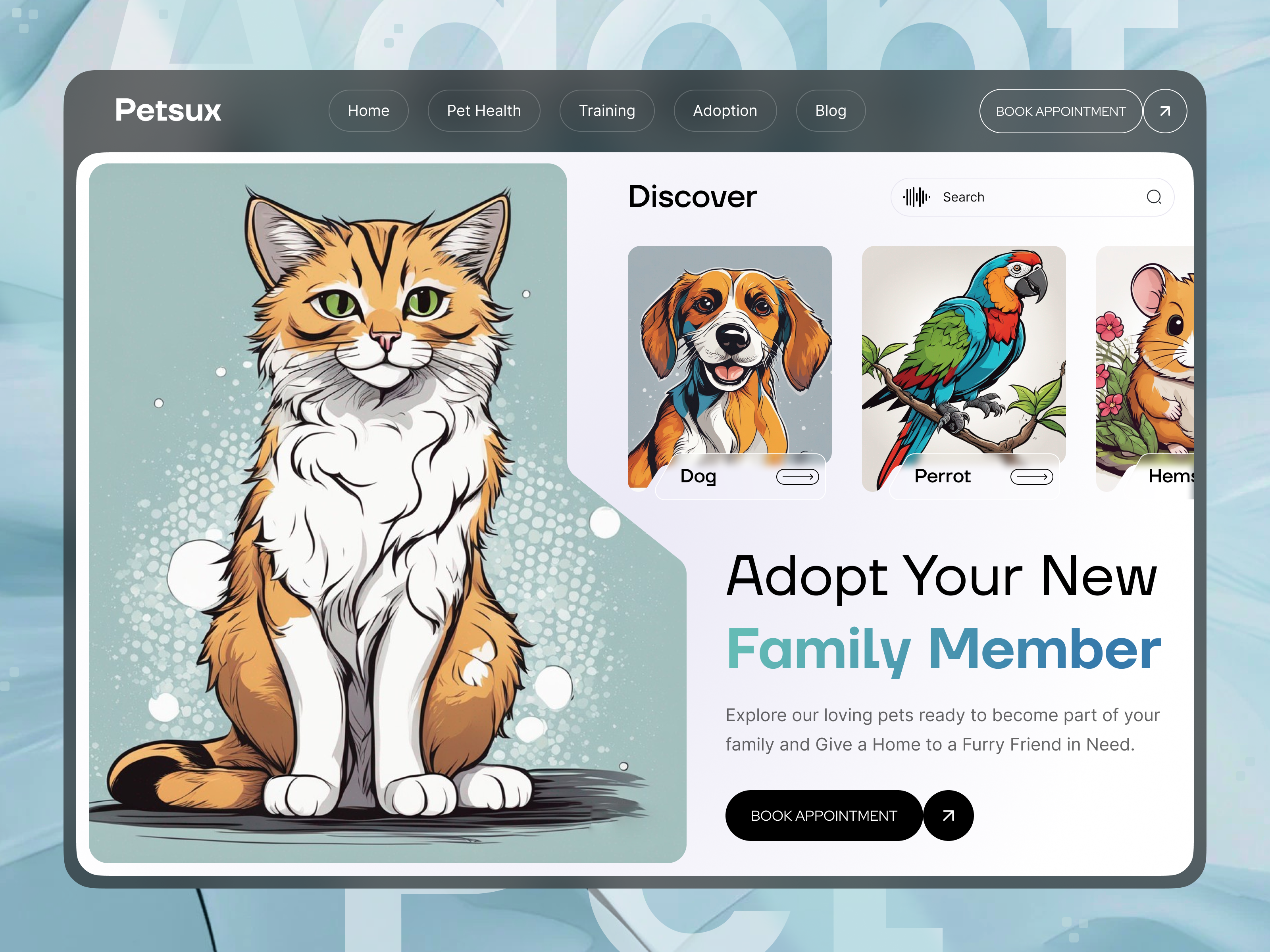 Pet Adoption Website adoption animal cat creative dogs health illustration minimalism modern pet pet adoption pet health pets petshop typography ui ui design uiux vector visual design