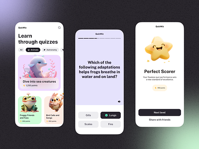 🧩 QuizWiz - Concept of quiz app animal app appdesign design education fun game home homepage inspiration interface learn learning midjourney mobile purple quiz test ui ux