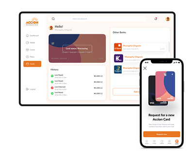 Cards Dashboard - Desktop/Mobile app card cards design fintech microfinance orange uiux