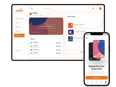 Cards Dashboard - Desktop/Mobile app card cards design fintech microfinance orange uiux