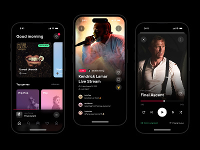 Concerts & Music Player audio cards chat concert dark event live music player progress spotify thumbnail ui ux
