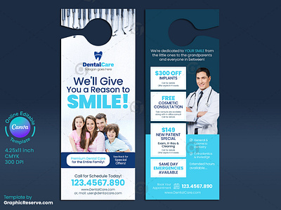 Dental Promotional Door Hanger Canva Template dental coupon door hanger dental door hanger dental promotional door hanger dental service door hanger dentist door hanger dentistry door hanger door hanger door hanger design