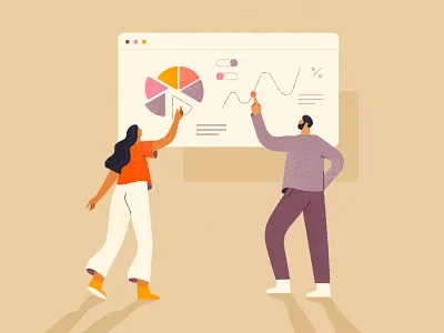 Analytic process 2d analytic business cartoon character chart colourful data science decision design flat design illustration people statistic team together ui vector window working