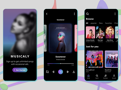 MUSICALY - Music player (Application) application blue cayan design landing page mobile app mobile view music music player purple responsive ui uiux ux web design webdesign website