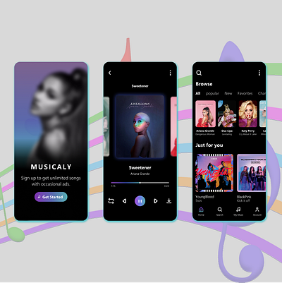 MUSICALY - Music player (Application) application blue cayan design landing page mobile app mobile view music music player purple responsive ui uiux ux web design webdesign website