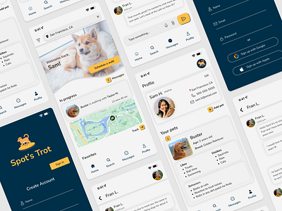Dog Walking Mobile App - Spot's Trot app app design branding design dog walking app figma mobile app product design ui ui design uiux user experience ux