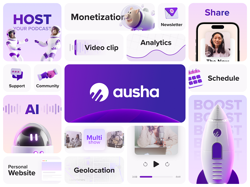 Ausha, Boost Your Podcast Game 🚀 3d ausha bento branding clean features grid logo minimal podcast