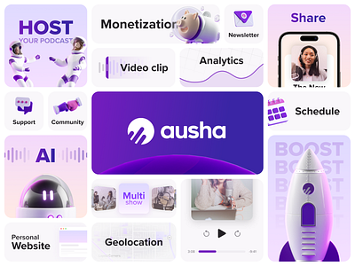 Ausha, Boost Your Podcast Game 🚀 3d ausha bento branding clean features grid logo minimal podcast