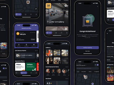 Art Spaces and Events Discovery app app art bank branding dark design discover finance graphic design illustration interaction ios logo mobile screen ui ux vector web website