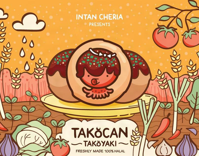 Takocan Takoyaki box branding character colorful decorative design food graphic design illustration logo mascot organic packaging pattern design takoyaki vector