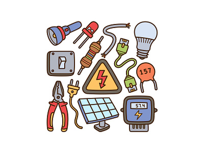 Electrian Tool Doodle Set cute doodle electrian flashlight illustration ledlight switch vector