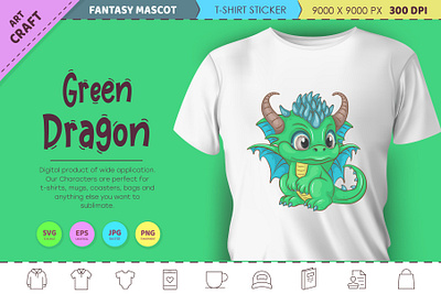 Cartoon green dragon. Fantasy clipart. cartoon character dinosaur dragon fantasy illustration mascot noai reptile sticker t shirt vector