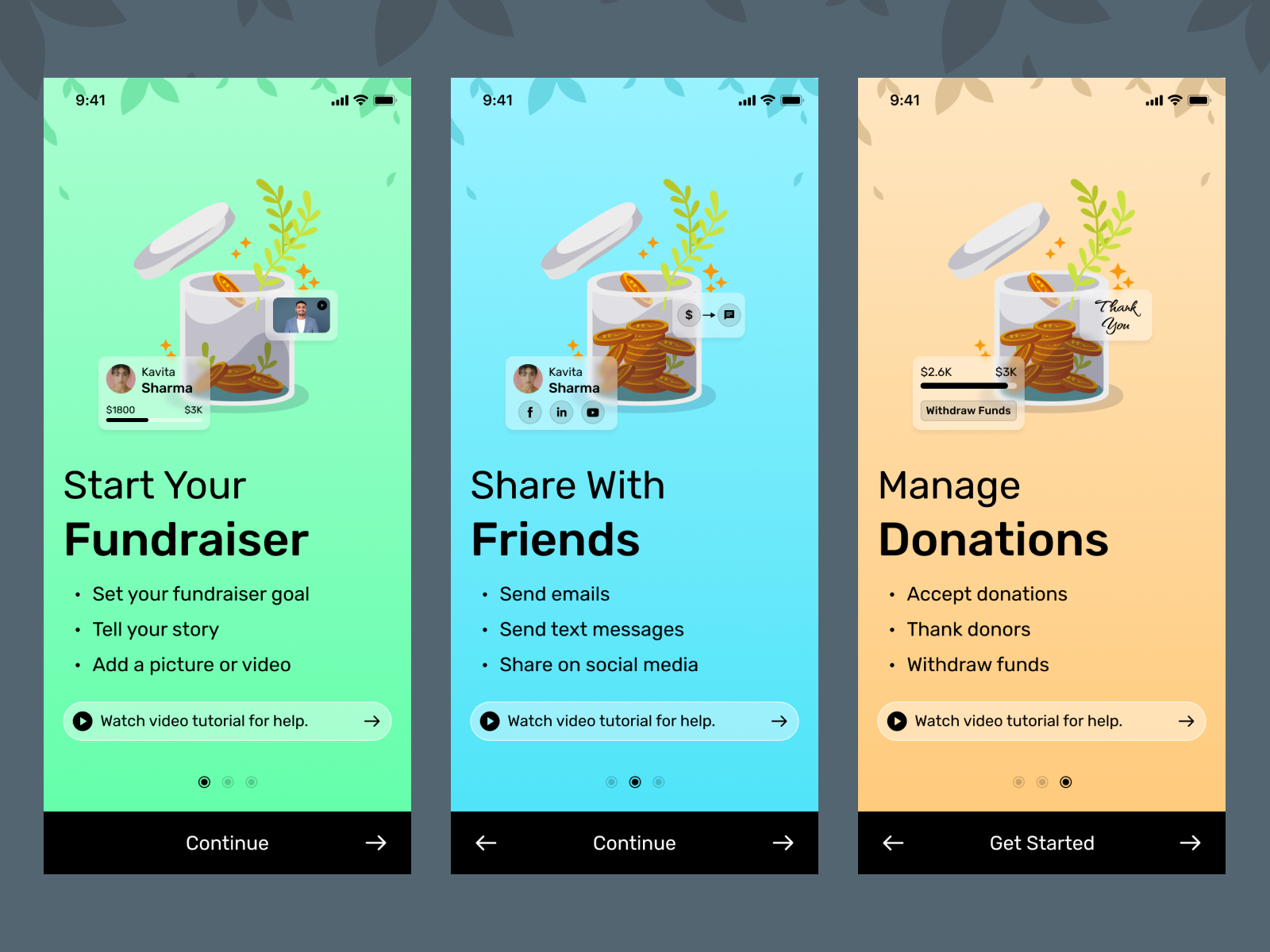 Walkthrough Screens app design branding design donations figma fundraiser ios mobile mobile app mobile app design money share splash screen tutorials typography ui ui design ui ux ux walkthrough