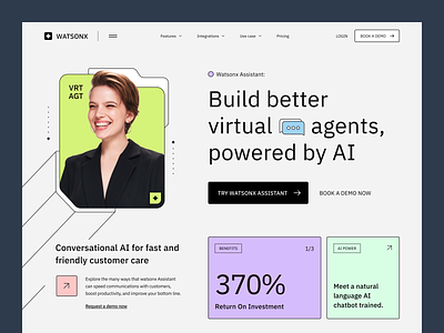 Watsonx - Virtual agent builder, powered by AI. ai ai chatbot artificial intelligence business chatbot clean corporate customer services graphic design hero illustration landing page light marketing minimal ui ux vibrant virtual assistant website
