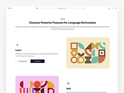 Features Section - Wordigo app app landing page design dictionaries feature features features section graphic design illustration landing page landing page design saas saas landing page section translate translator typography ui ux