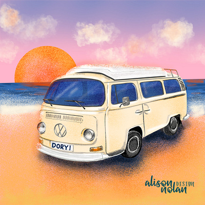 Dory the V.W Campervan beach scene campervan design female illustrator hand drawn illustration procreate sunset vw