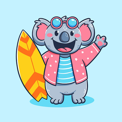 Cartoon summer koala animal cartoon character colorful cute graphic design happy holiday illustration koala smile summer surf surfing