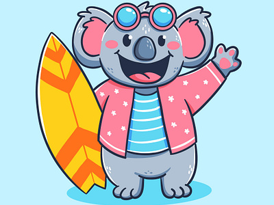 Cartoon summer koala animal cartoon character colorful cute graphic design happy holiday illustration koala smile summer surf surfing