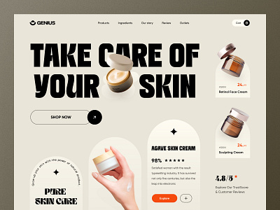 Beauty Products Web Design: Landing Page - Home Page UI beauty beauty clinic bold design cosmetic cosmetics discover ecommerce ecommerce product face care header landing page product shopify skin skin care skin care beauty skin care product skincare web design website design