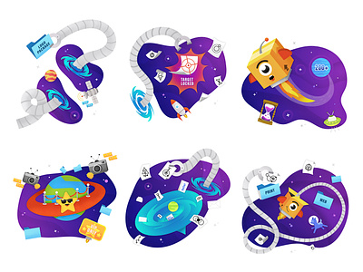 Logo Package – Website Illustrations brand character branding character design colorful design flat galaxy illustration illustrator laika logo logo package mascot orbit outer space planets space texture vector